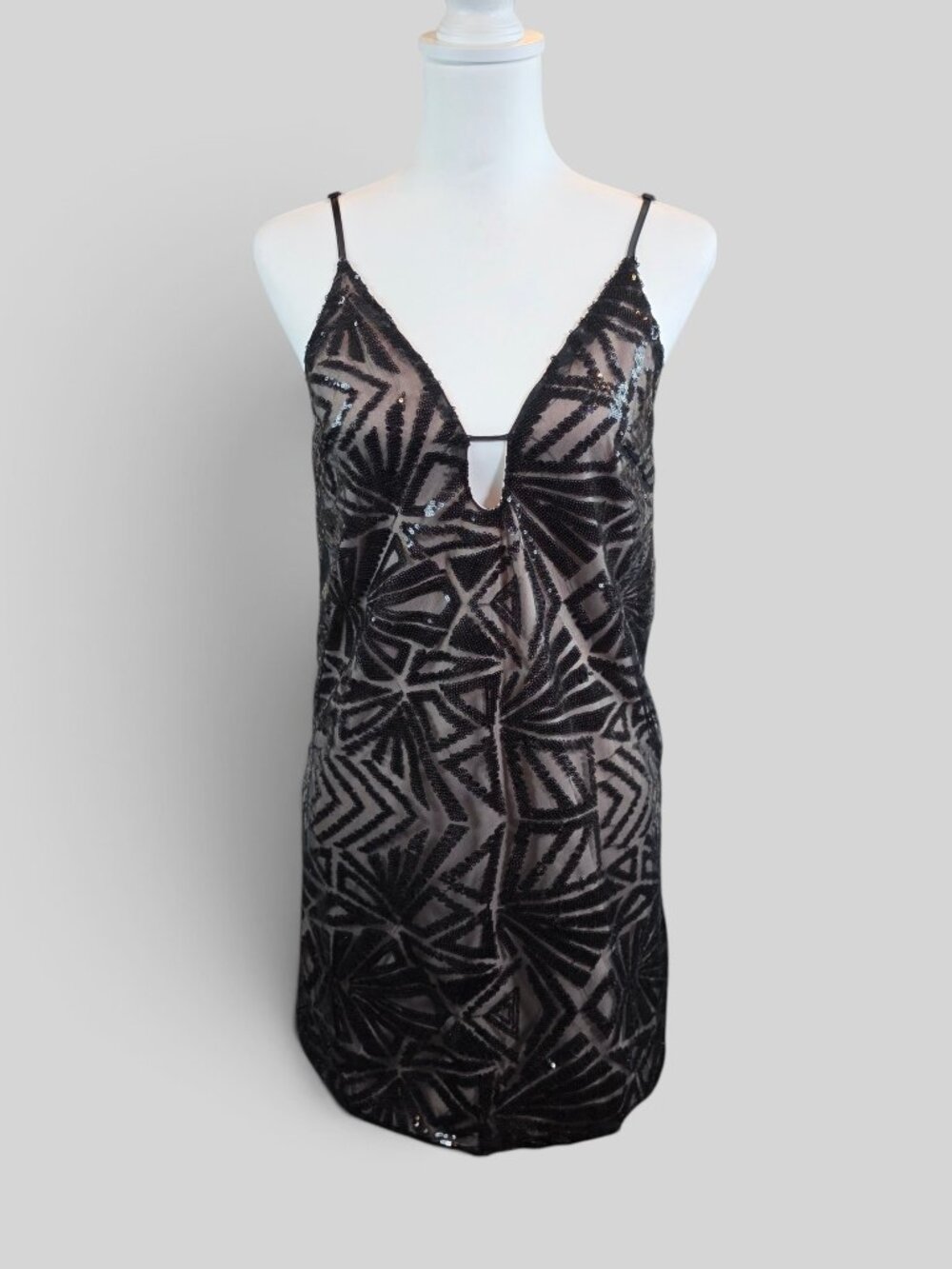 Shareen Collections Australia Black Nude Sequin Geometric Slip Dress Size 8 NWT